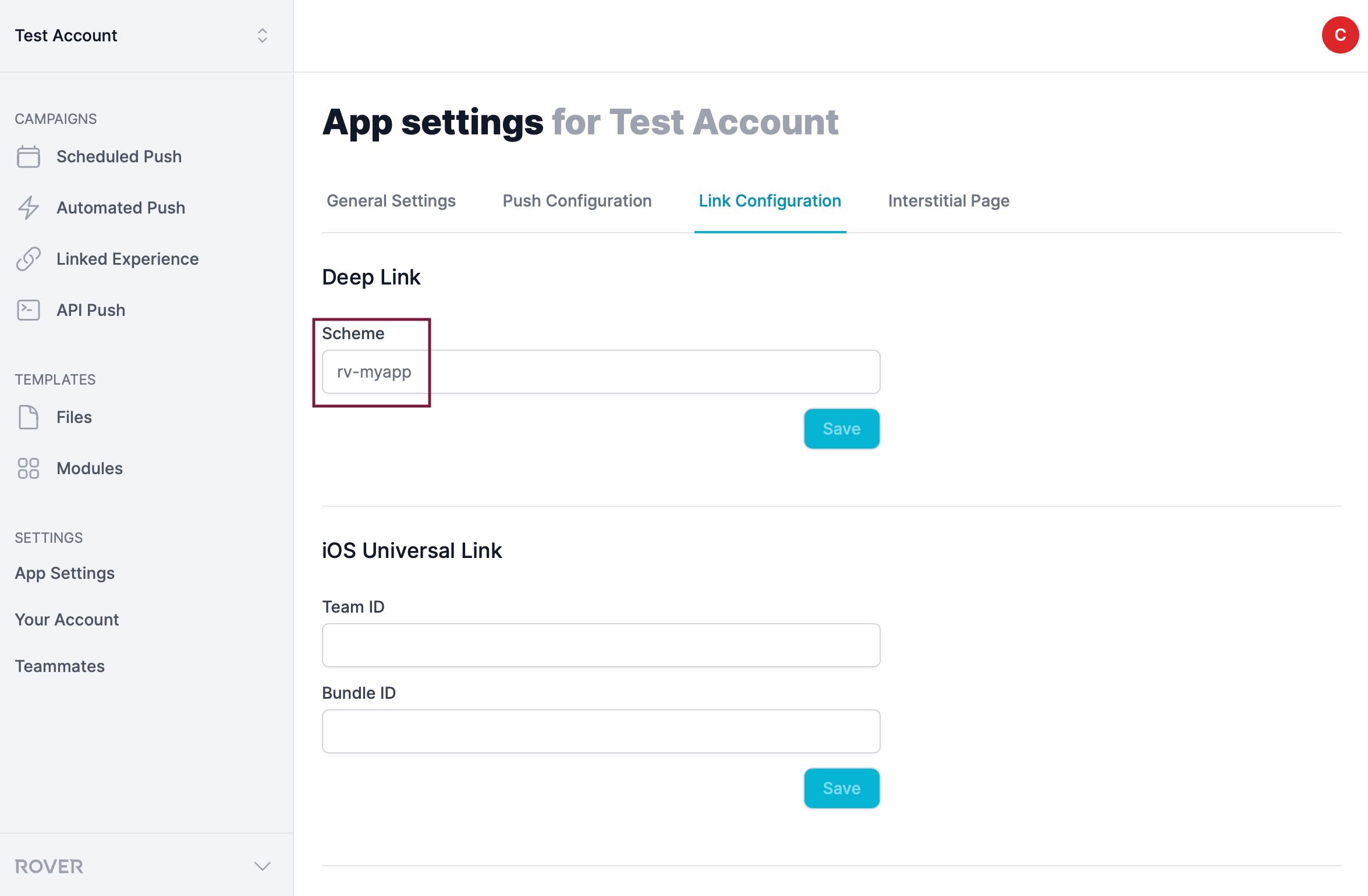 URL Scheme field in Rover Settings App