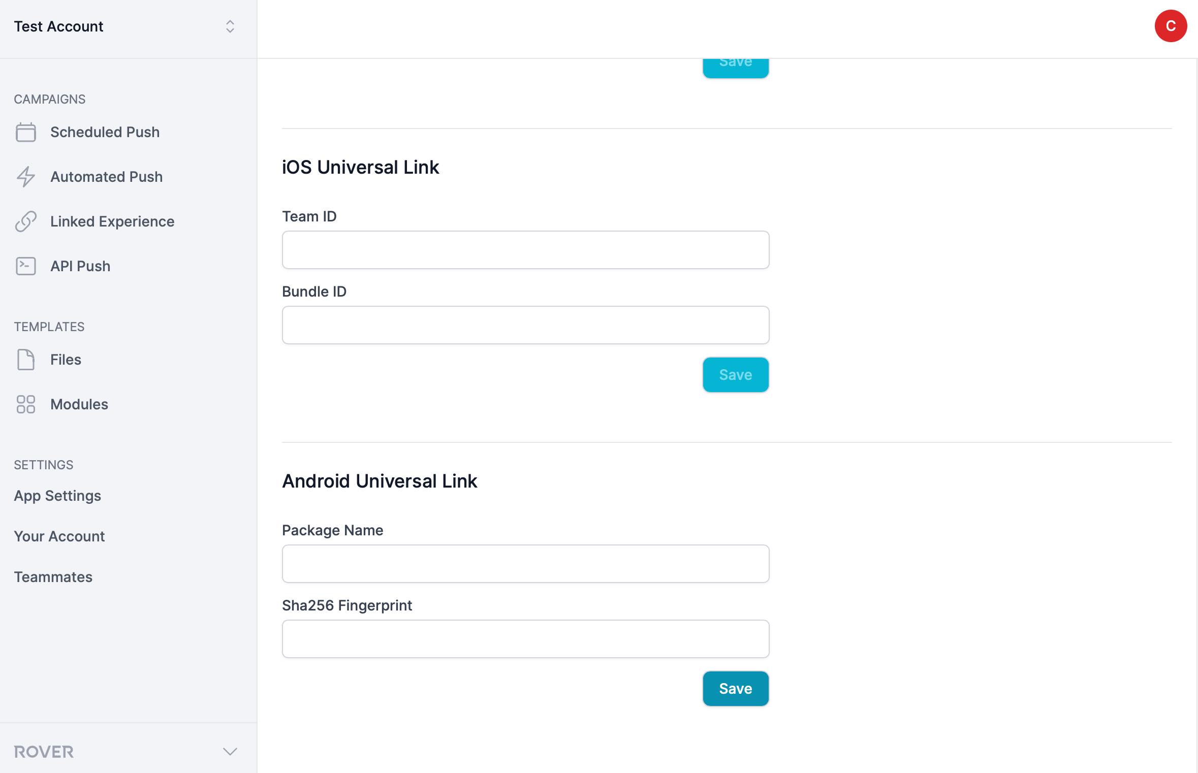 Universal links section in Rover Settings App