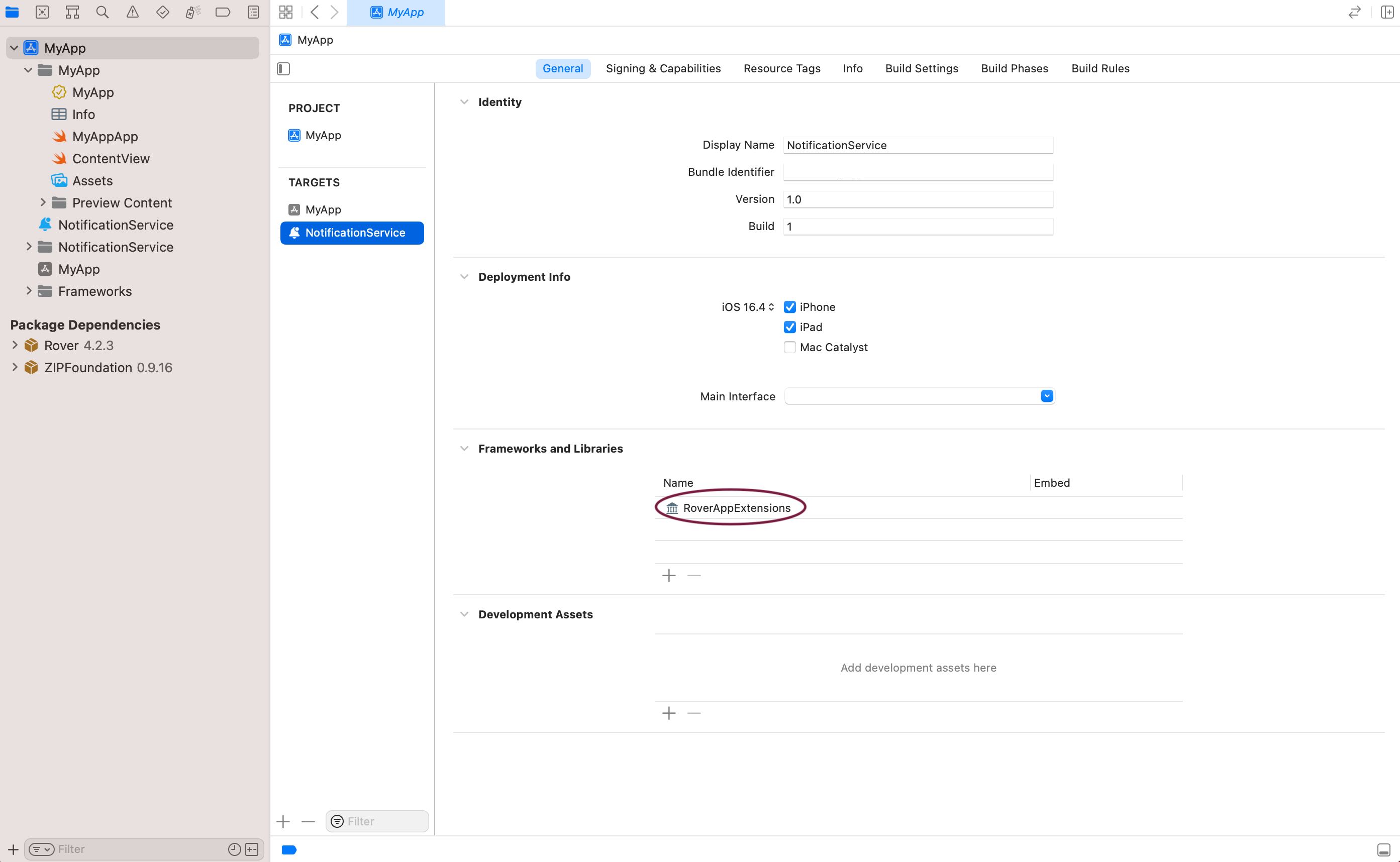 Add RoverAppExtensions to your notification service target