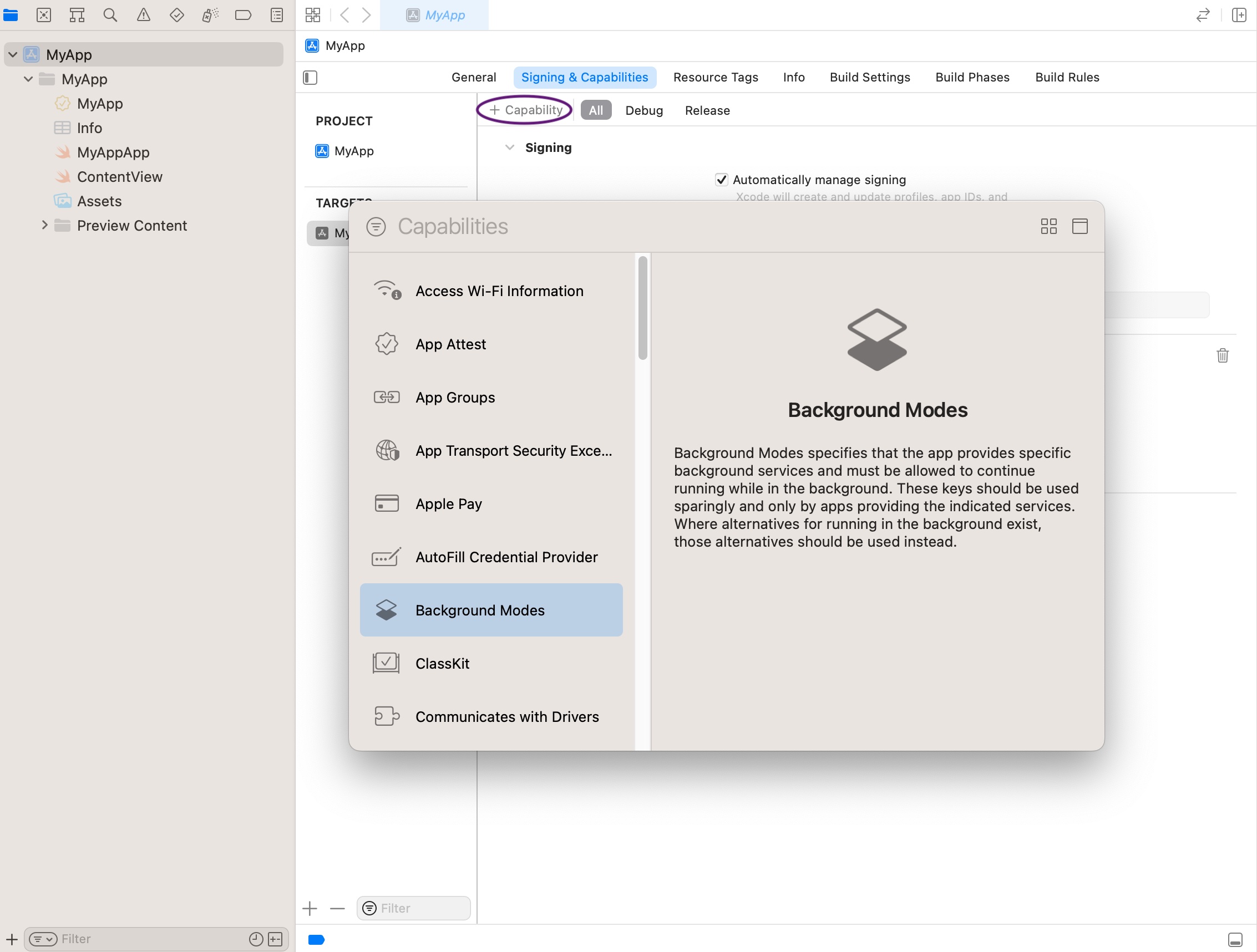 Xcode Capabilities Tab